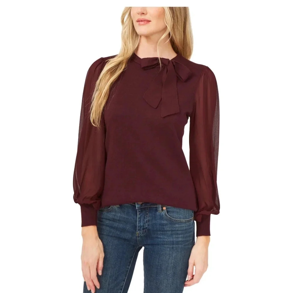 NWOT Sm Red Wine Cece Blouse With Sheer Sleeves